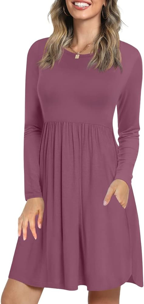 LONGYUAN 2022 Women's Long Sleeve Casual T Shirt Dresses Flowy Swing Dress with Pockets | Amazon (US)