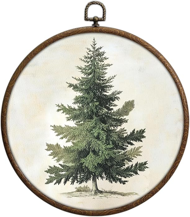 Vintage Christmas Tree Round Wall Art, Winter Forest Waterproof Round Frames for Art, Rustic Chri... | Amazon (US)