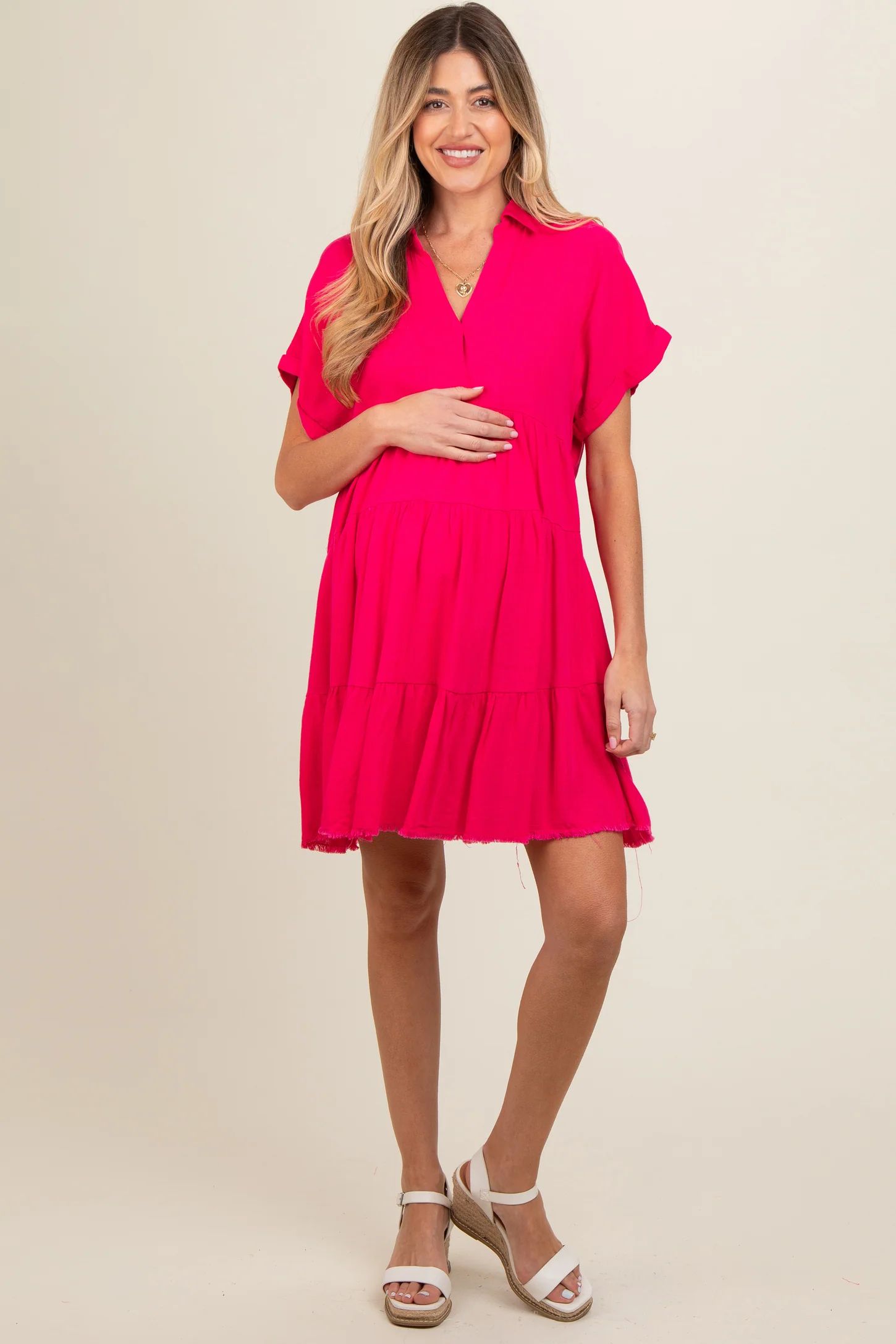 Fuchsia Tiered Linen Maternity Dress | PinkBlush Maternity