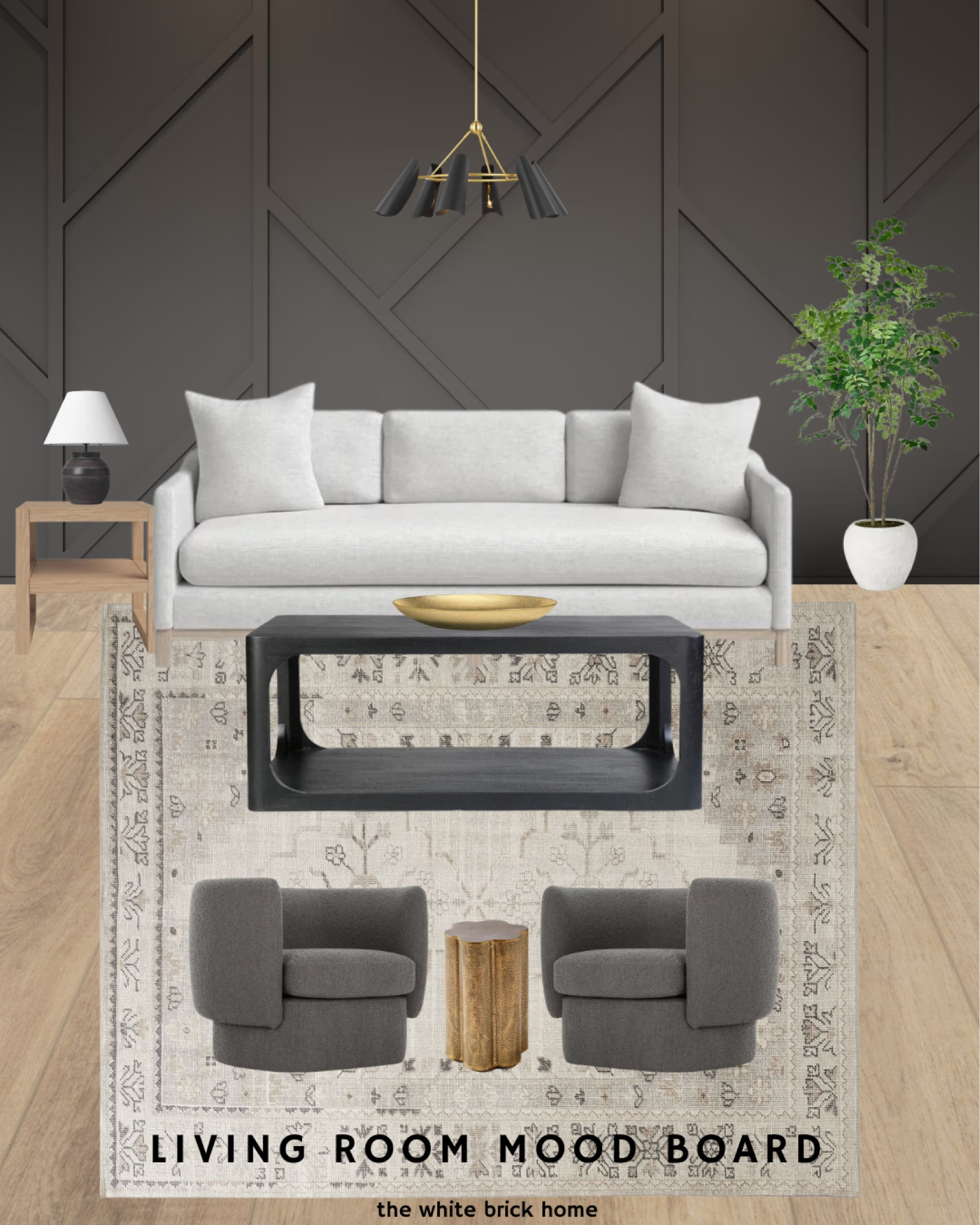 A modern living room with a dramatic accent wall detail! 

Black and gold chandelier, faux tree, black target lamp, sofa, black coffee table, accent chairs, gold side table, white oak side table, living room design, living room furniture, pottery barn rug, boho living room, modern living room, accent wall, living room decor, living room inspiration, living room wall decor. 



#LTKFind #LTKhome