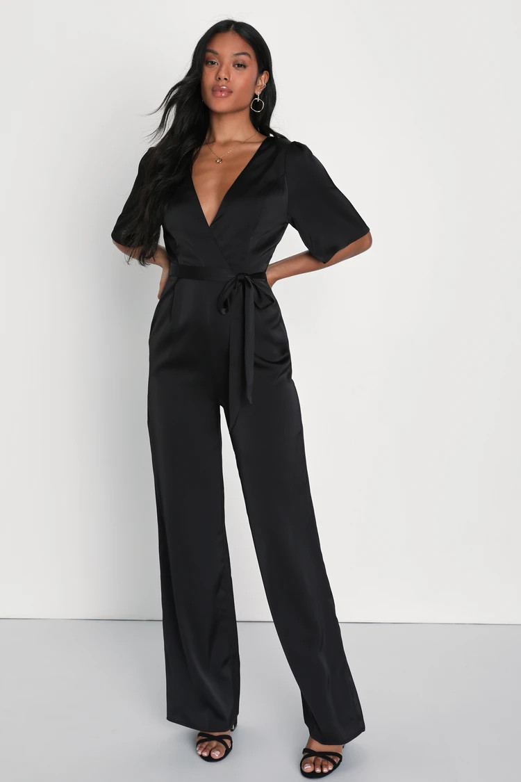 Fabulous Class Black Satin Short Sleeve Wide-Leg Jumpsuit | Lulus (US)