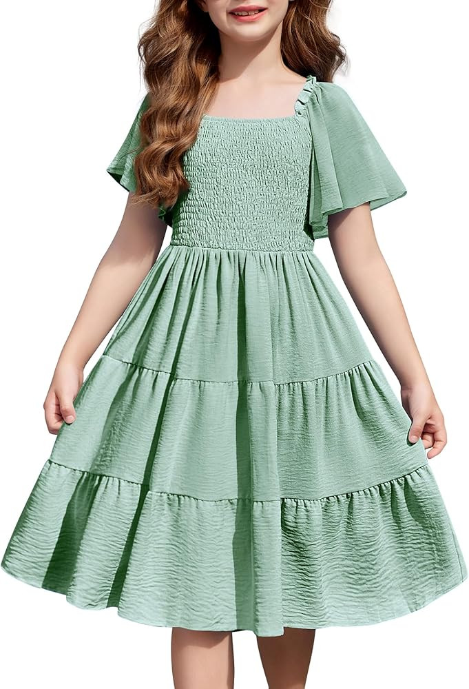 Arshiner Girls Summer Dress Tween Boho Casual Smocked Swing Flowy Ruffle Midi Dresses with Pocket... | Amazon (US)
