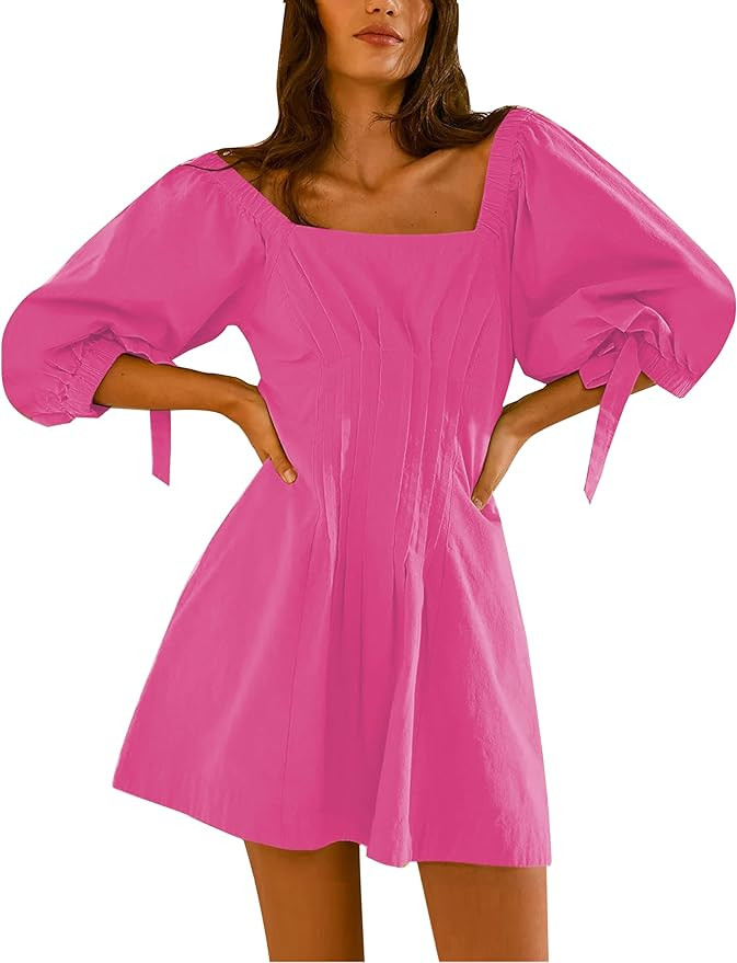 Women's Summer Puff Sleeve Mini Dress Pleated Off Shoulder Sundress with Pockets | Amazon (US)