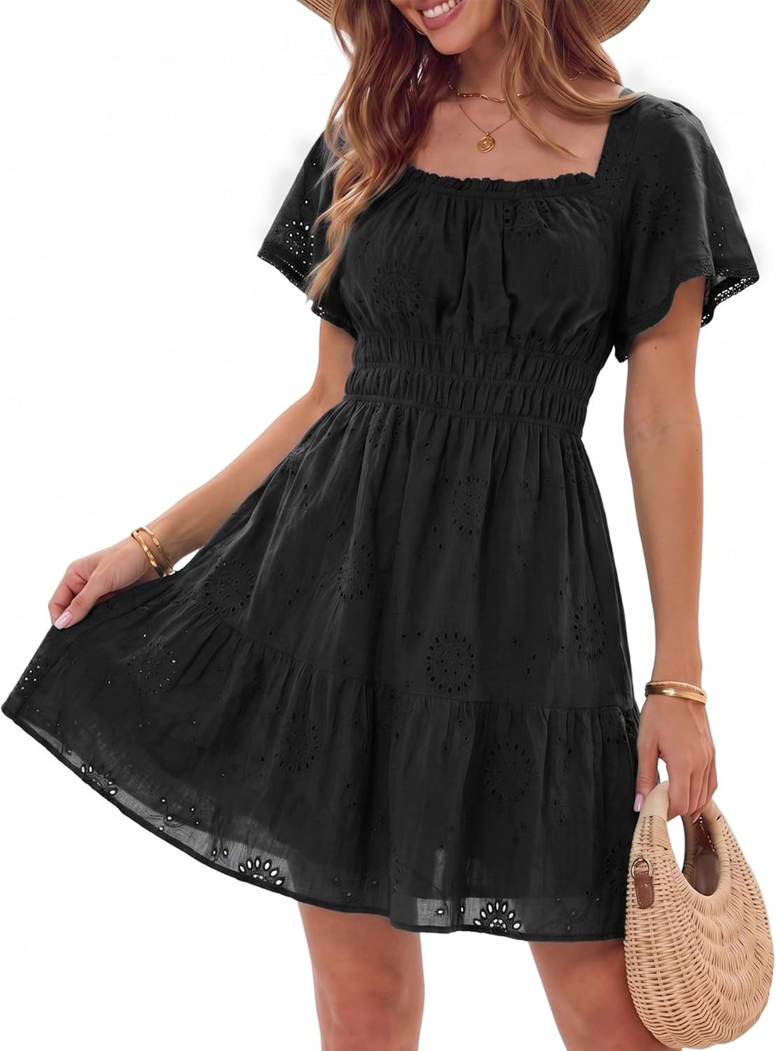 Womens Summer Eyelet Mini Dress Square Neck Short Sleeve | Amazon (US)