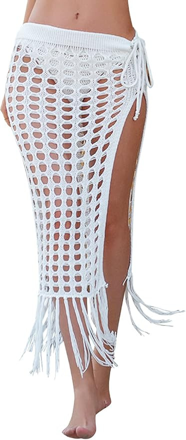 Hilor Women's Sexy Crochet Cover Up Skirt Summer Knit Beachwear Hollow Out Tassel Split Swimwear ... | Amazon (US)