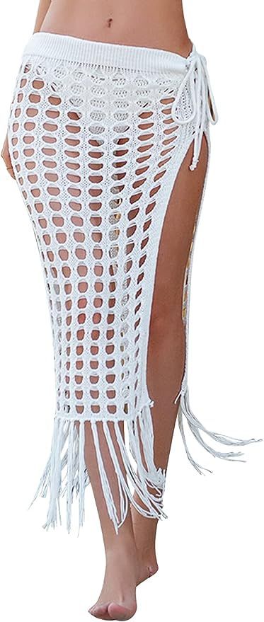 Hilor Women's Sexy Crochet Cover Up Skirt Summer Knit Beachwear Hollow Out Tassel Split Swimwear ... | Amazon (US)