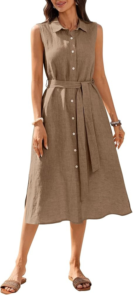 Women's 100% Linen Midi Dress Button Down Shirt Dresses with Pocket 2026 Summer Collared Sleevele... | Amazon (US)