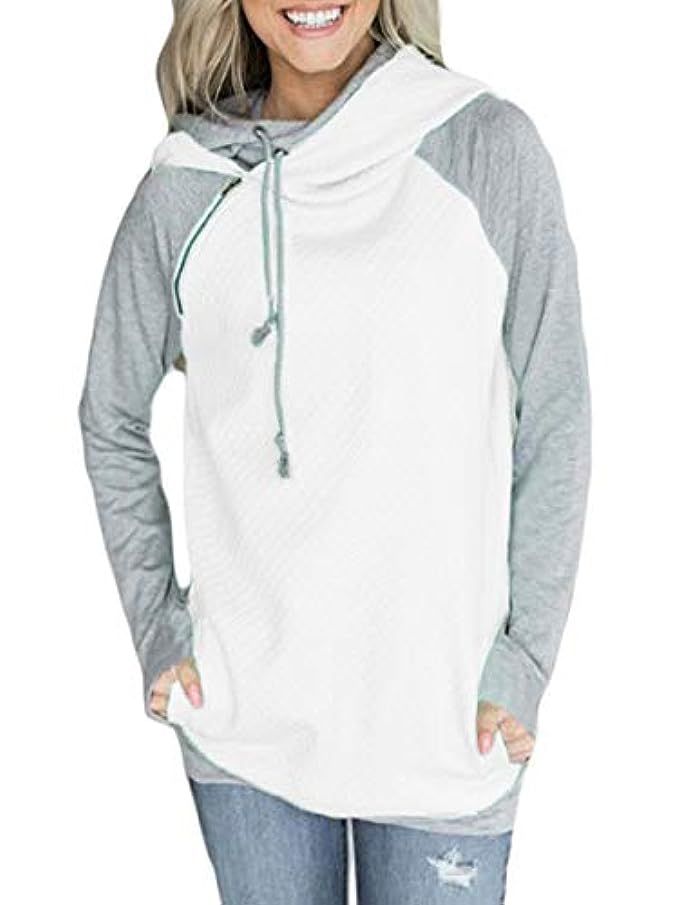 Unidear Womens Spliced Color Hoodie Double Hooded Zipper Detail Sweatshirt with Pockets | Amazon (US)