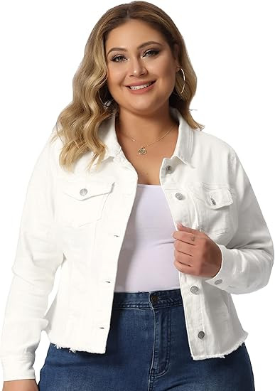 Agnes Orinda Women's Plus Size Classic Washed Front Frayed Denim Jacket | Amazon (US)