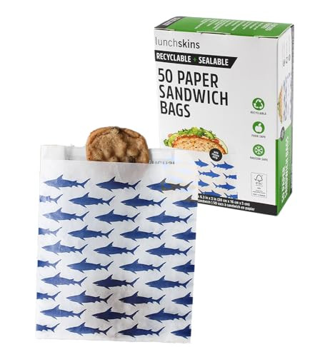 Lunchskins Recyclable & Sealable Paper Sandwich Bags – 50 Count | Shark Design | Eco-Friendly Grease-Resistant Glassine Snack Bags with Self-Adhesive Closure for Freshness | Amazon (US)