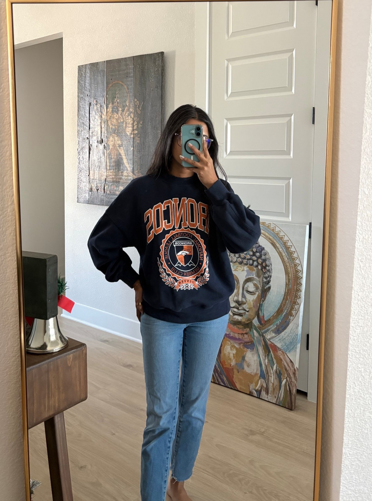 Oversized Broncos sweatshirt (XS) from Abercrombie and skinny jeans (00) from good American. Petite friendly. Daily ootd. Winter ootd  

#LTKdayinmylife #LTKPetite #LTKootd