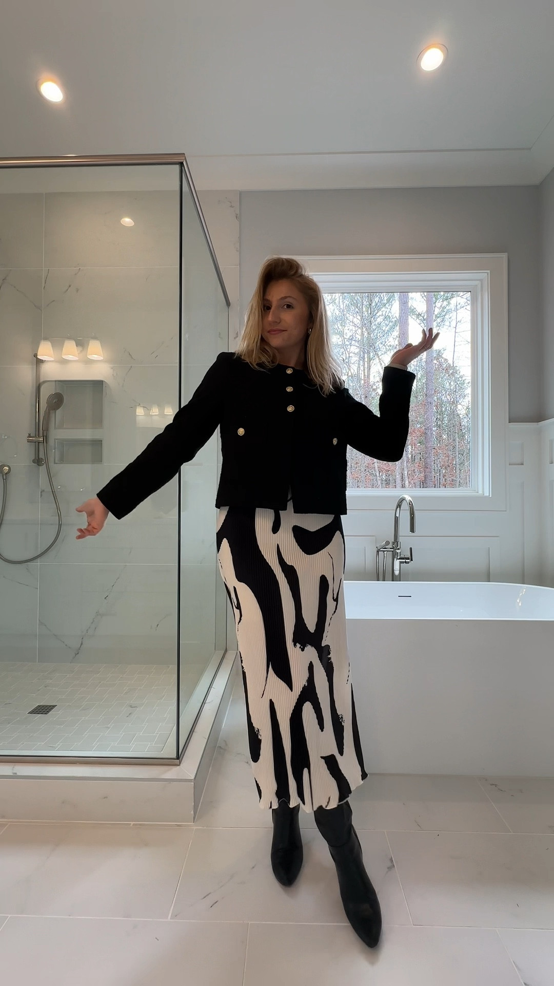 Another black and white spring office outfit my friends 🖤🤍

Sadly my Commense cropped blazer isn’t available to be linked but I’m putting down the name of the blazer below so you can find it!

The JCPenney boots I can’t find anymore, but I linked to similar style boots below in case you’re interested!

My Sizing:
Abercrombie Black Onesie = M
SHEIN Skirt = M
JC Penny Boots = 7.5 
Commense Brand “old money, aesthetics tweed blazer” = L US 8/10

My Measurements (April) :
Height = 5’6
Bust = 36.2 in
Natural Waist = 27 in
Low Waist = 35.5
Hips = 37in 
Super low waist / hips & full booty = 38.5 in
Weight: 139.3 (on a good day 😉)
Typically Wears = M/L (US 6/8/10)

#LTKVideo #LTKshoecrush #LTKworkwear