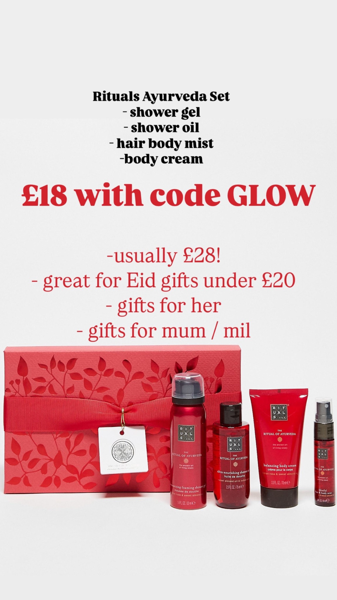 Rituals set for Eid gifting down to £18 with code GLOW

Gifts for her, gifts for mum, Eid gifts,
Gifts for mother in law, Gifts under £20

#LTKbeauty #LTKgiftguide #LTKsale
