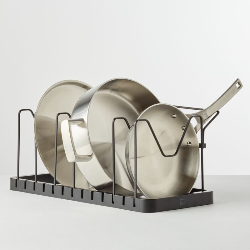Yamazaki Tower Black Adjustable Pot Lid and Frying Pan Organizer + Reviews | Crate and Barrel | Crate & Barrel