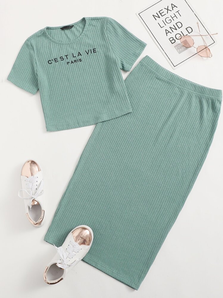Rib Knit Top And Skirt Set  | SHEIN