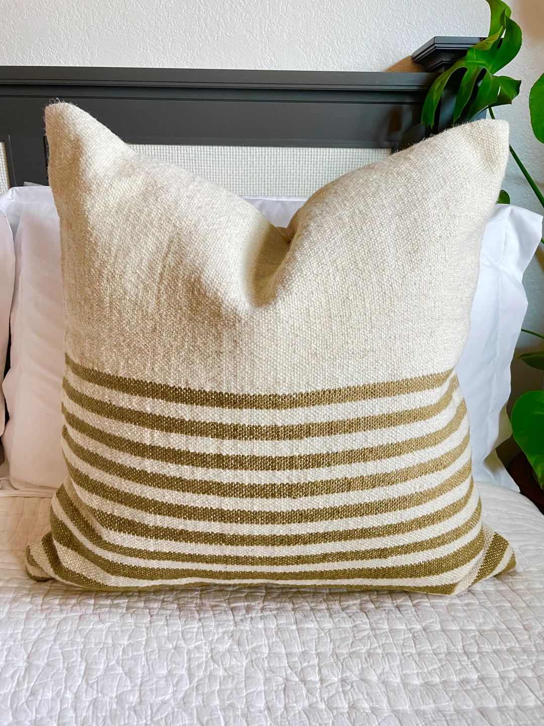 Two Sizes Hand Loomed Wool Dhurrie Pillow Cover, Creamy Off White with Tan Stripes, Off White Cot... | Etsy (US)