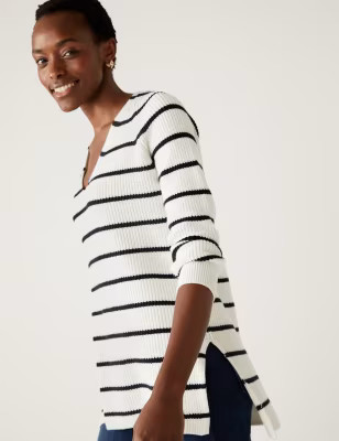 Cotton Rich Striped V-Neck Longline Jumper | Marks & Spencer (UK)