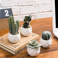 Set Of 4 Mini Faux Cactus & Succulent Plants in White Geometric Ceramic Planters | Etsy (US)