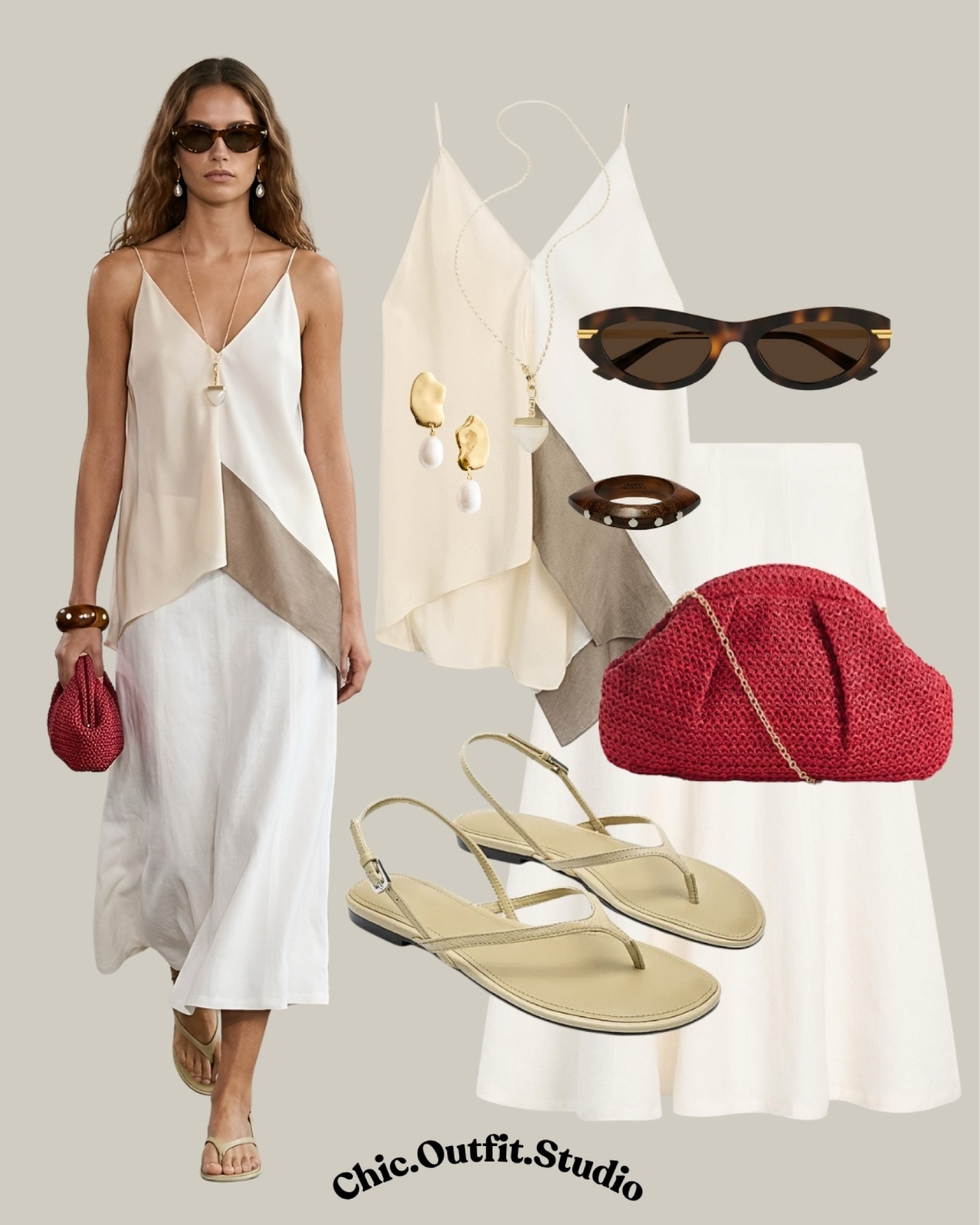 The Effortless Riviera Look: Cream Cami Top & White Midi Skirt with Red Clutch Pop
💫A fluid cami top in cream and warm sand tones paired with a flowy white midi skirt is the ultimate summer two-piece formula that does all the work for you. The asymmetric layered hem on the top gives it movement and a luxe feel, while gold pearl drop earrings and a delicate pendant necklace keep the accessories soft and feminine. The tortoiseshell bracelet and slim cat-eye sunglasses add just the right amount of retro polish. A red woven clutch is the unexpected accent that makes this outfit unforgettable: warm-toned, textured, and perfectly summer. Strappy nude thong sandals ground the look without competing.
💫This is the outfit for a sunset dinner on a terrace, a summer wedding guest moment, a weekend trip to the south of France, or a rooftop brunch where you want to look put-together without trying too hard. It travels beautifully and photographs even better.
☀️ Tags: cami top and skirt outfit, colorblock top summer, white midi skirt outfit, cream top outfit women, red clutch outfit, pearl earrings gold outfit, nude sandals summer, cat eye sunglasses outfit, Mediterranean style women, European summer outfit, summer dinner outfit women, elegant summer casual, resort wear outfit, vacation outfit ideas, minimalist summer style

#LTKshoes #LTKsummer #LTKsale