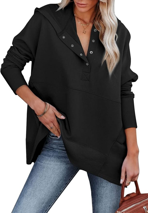 Astylish Womens Button Henley Hoodies Pullover Long Sleeve Oversized Hooded Sweatshirt With Pocke... | Amazon (US)