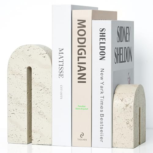 BOHDK Book Ends for Shelves, Resin Heavy Duty Decorative Bookends, Retro Arch Book Holder for Heavy Books, Imitation Travertine Book Stopper for Home Decor, Study, Bookshelf, Desktop, Set of Two | Amazon (US)
