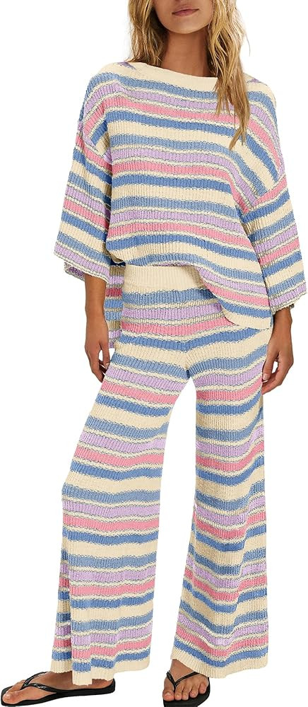 ReachMe Womens Oversized Striped 2 Piece Set Sweater and Wide Leg Pants with Pockets Pajama Loung... | Amazon (US)