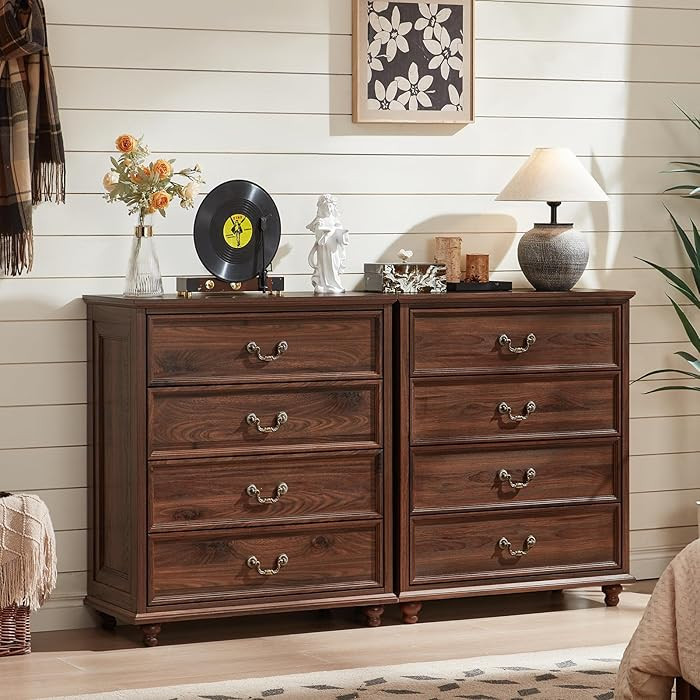 Farmhouse 4 Drawer Dresser Set of 2 for Bedroom, 37" Tall Rustic Chests of Drawers w/ 4 Solid Woo... | Amazon (US)