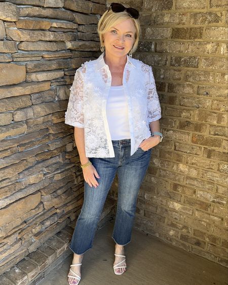 This blouse is an outfit maker! Gorgeous appliquéd lace dresses up anything, even jeans. I can't wait to style this multiple ways! Wearing size 0/Small blouse, 00/2 in jeans. 

Jeans
Spring outfit
Country concert 
Sandals
Petite
Lace

#LTKstyletip #LTKover40 #LTKsalealert