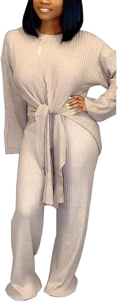 ThusFar Women Casual 2 Piece Outfits Round Neck Long Sleeve Ribbed Lace Up + Solid Color Wide Leg... | Amazon (US)
