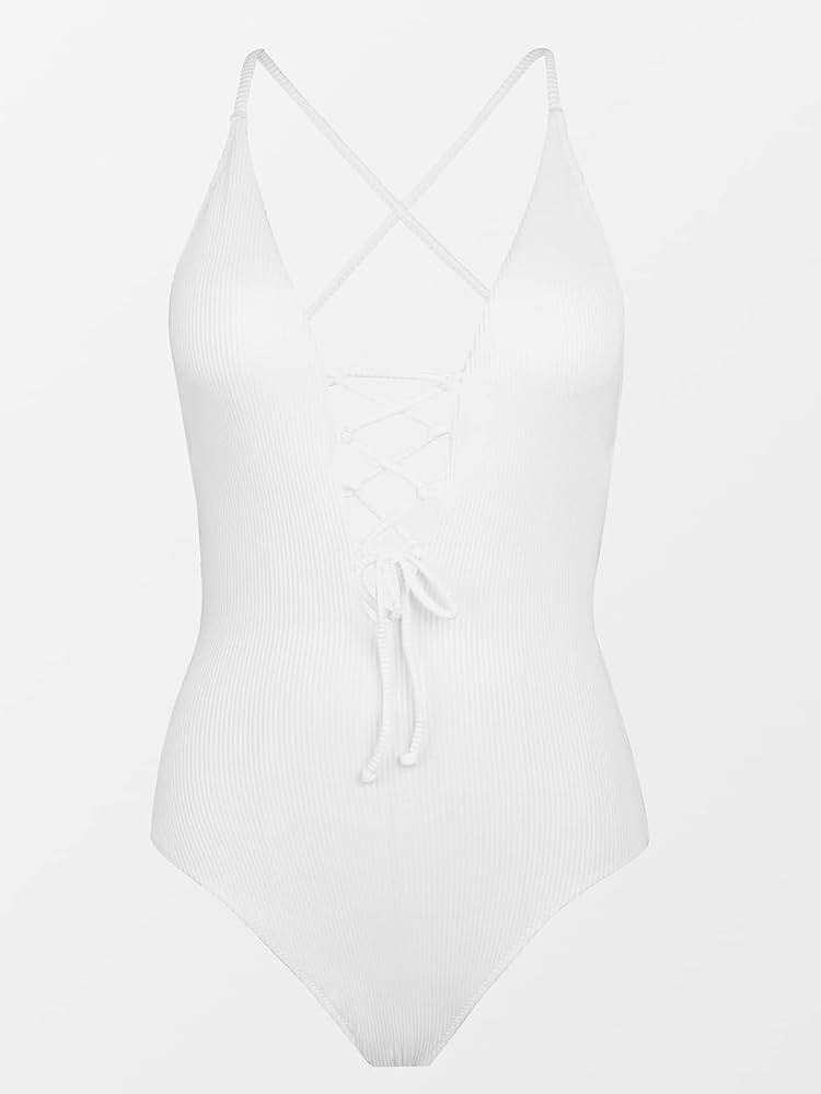 CUPSHE Women's Solid Color V Neck Lace Up One Piece Swimsuit | Amazon (US)