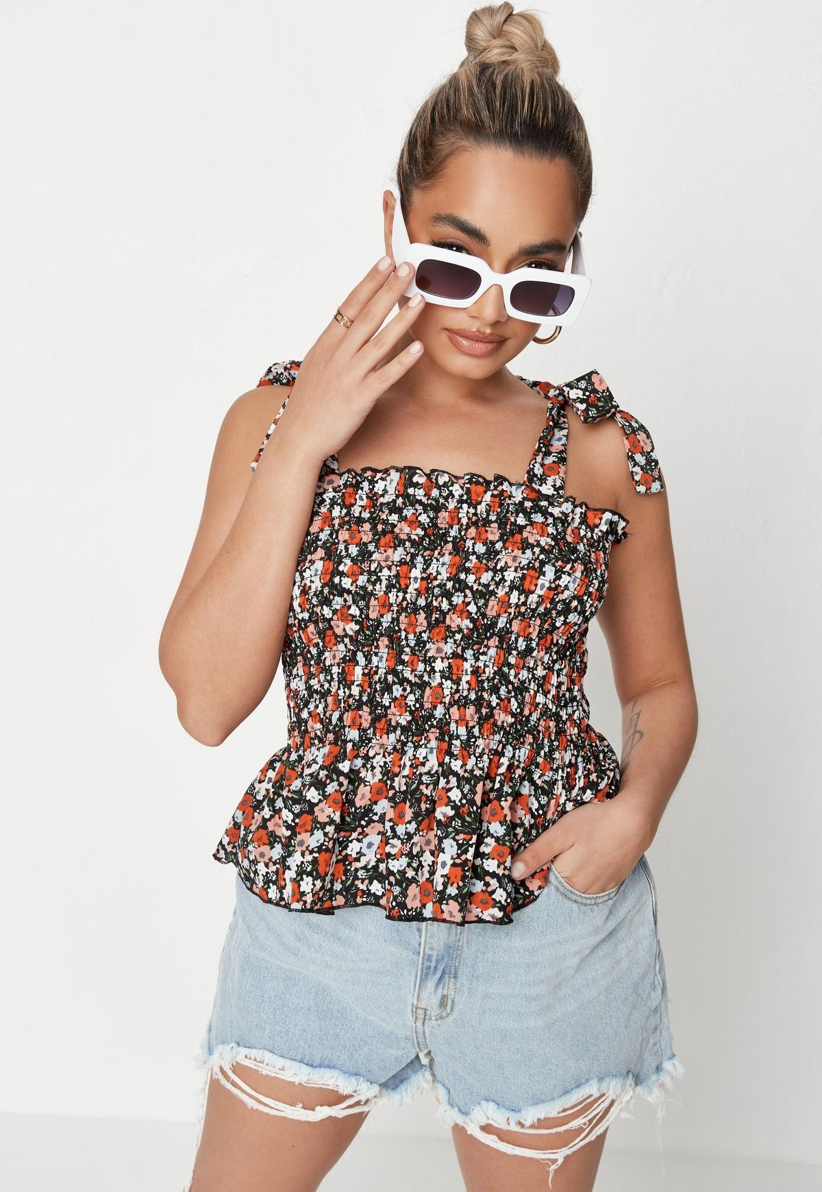 Black Floral Print Shirred Cami Top | Missguided (US & CA)