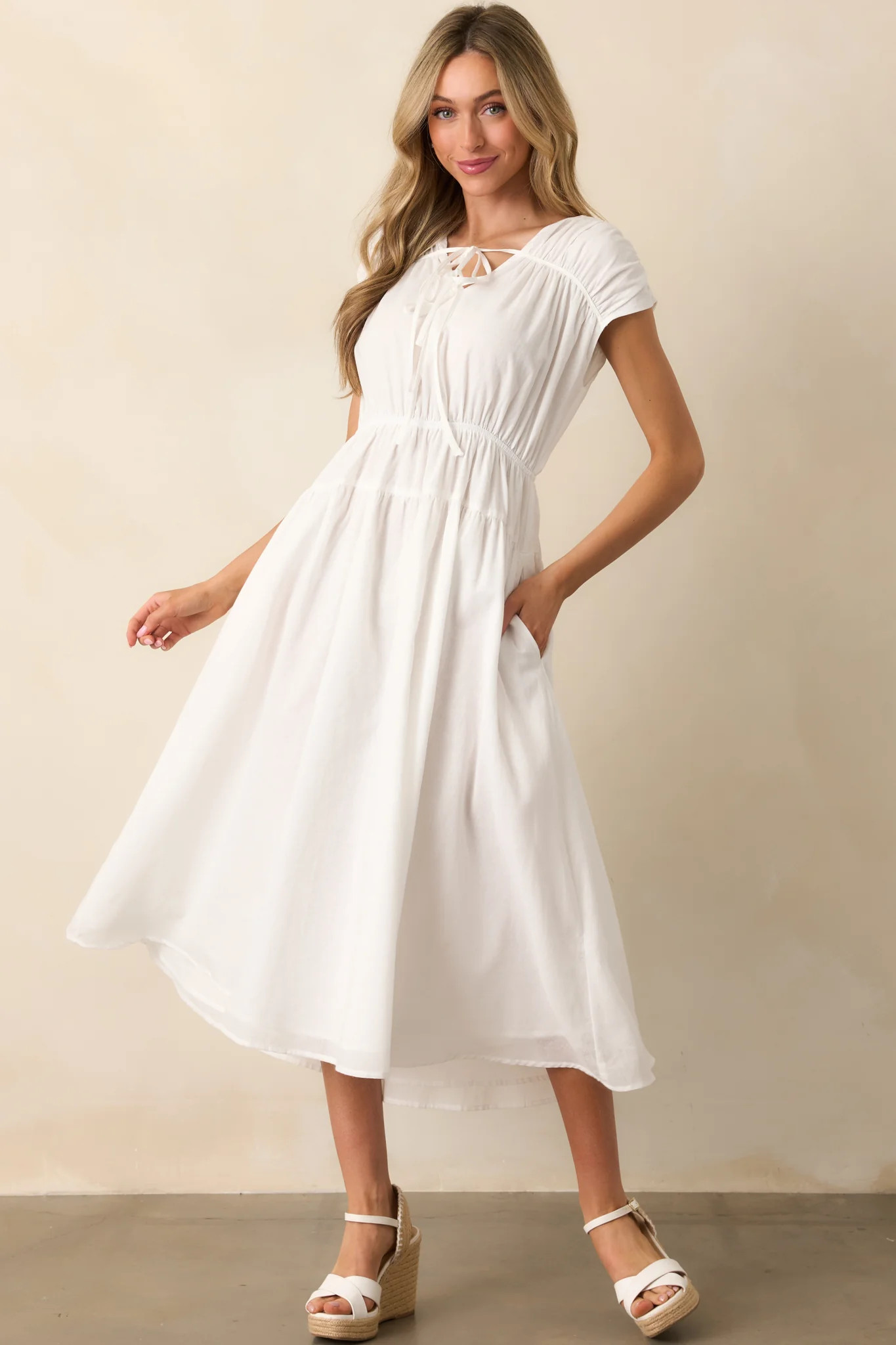Discover Who You Are Ivory Cotton Cap Sleeve Midi Dress | Red Dress