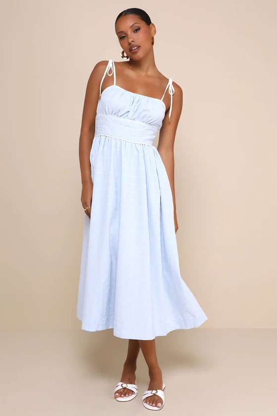 Charmingly Adorable Blue Tie-Strap Midi Dress With Pockets | Lulus