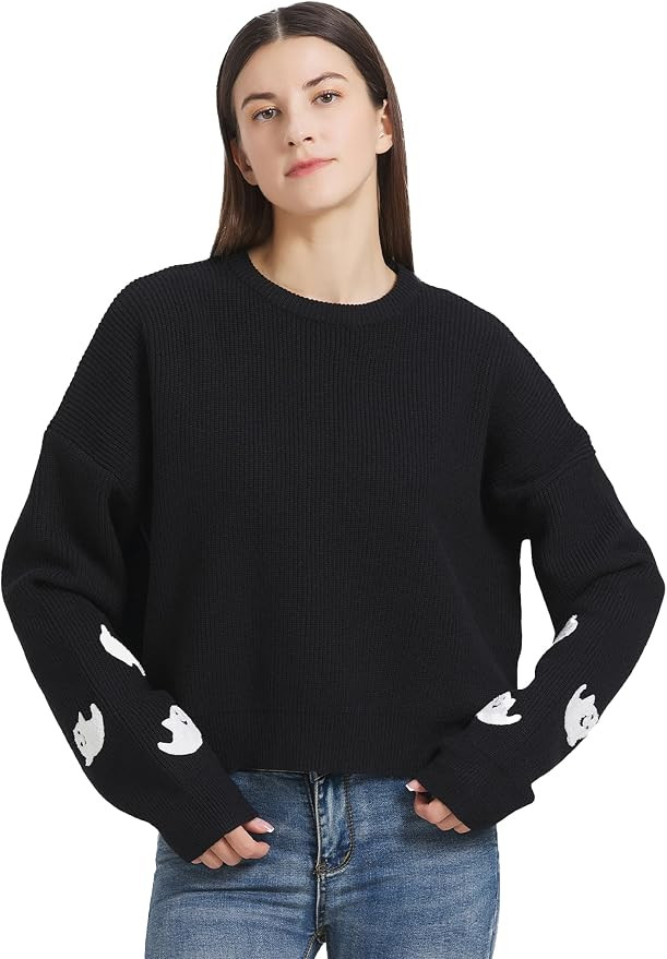 SDEER Women's Ghost Pattern Pullover Sweater Round Neck Long Sleeve Knit Top Loose Fit Halloween ... | Amazon (US)