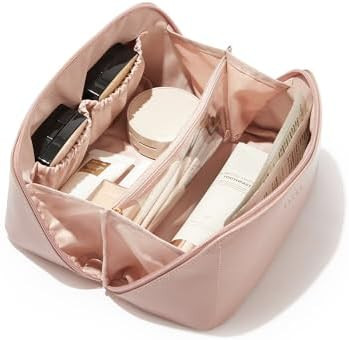 EACHY Travel Makeup Bag, Large Capacity Cosmetic Bag for Women, Waterproof PU Leather, Flat Open ... | Amazon (US)