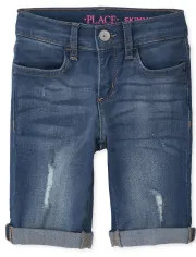 Girls Roll Cuff Distressed Denim Skimmer Shorts | The Children's Place | The Children's Place