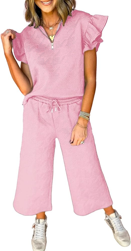 SHEWIN 2 Piece Sets Outfits for Women V Neck Collared Ruffle Short Sleeve Polo Shirts Quarter Zip... | Amazon (US)