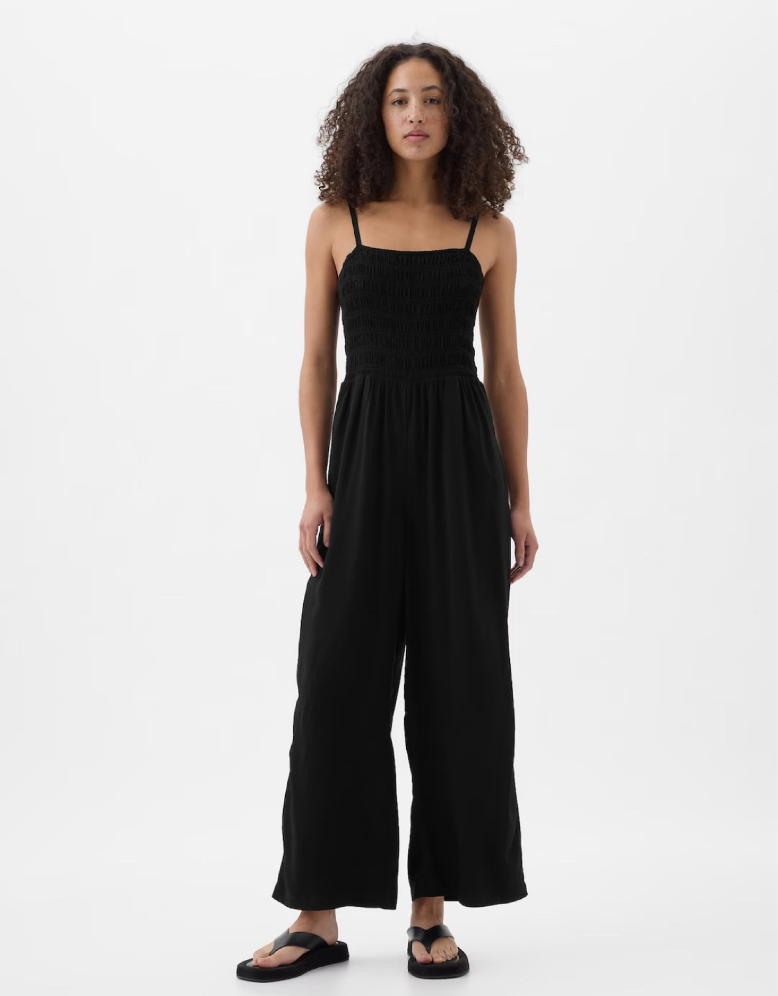 Wide leg black smocked jumpsuit, romper, casual wear, lightweight wear, vacation wear, work wear 

#LTKSaleAlert #LTKStyleTip #LTKTravel