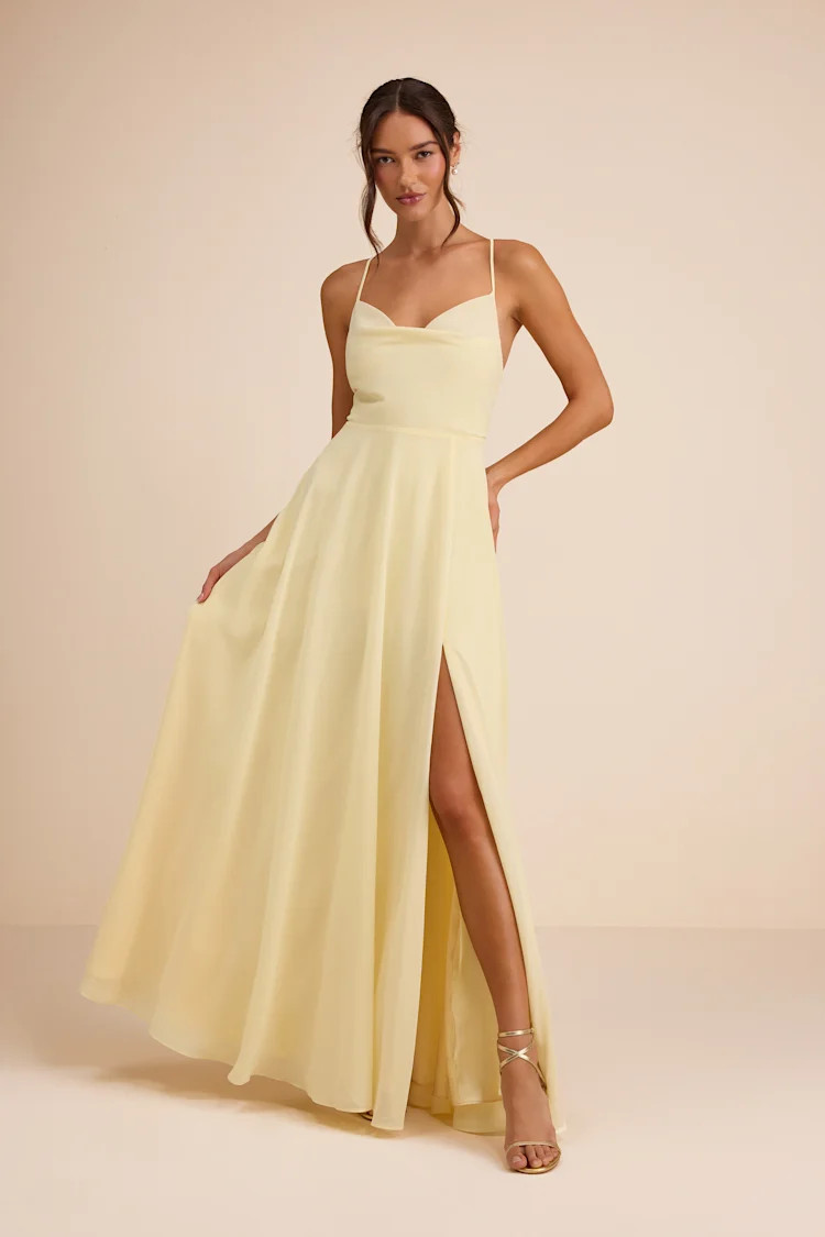 Romantically Speaking Light Yellow Cowl Lace-Up Maxi Dress | Lulus