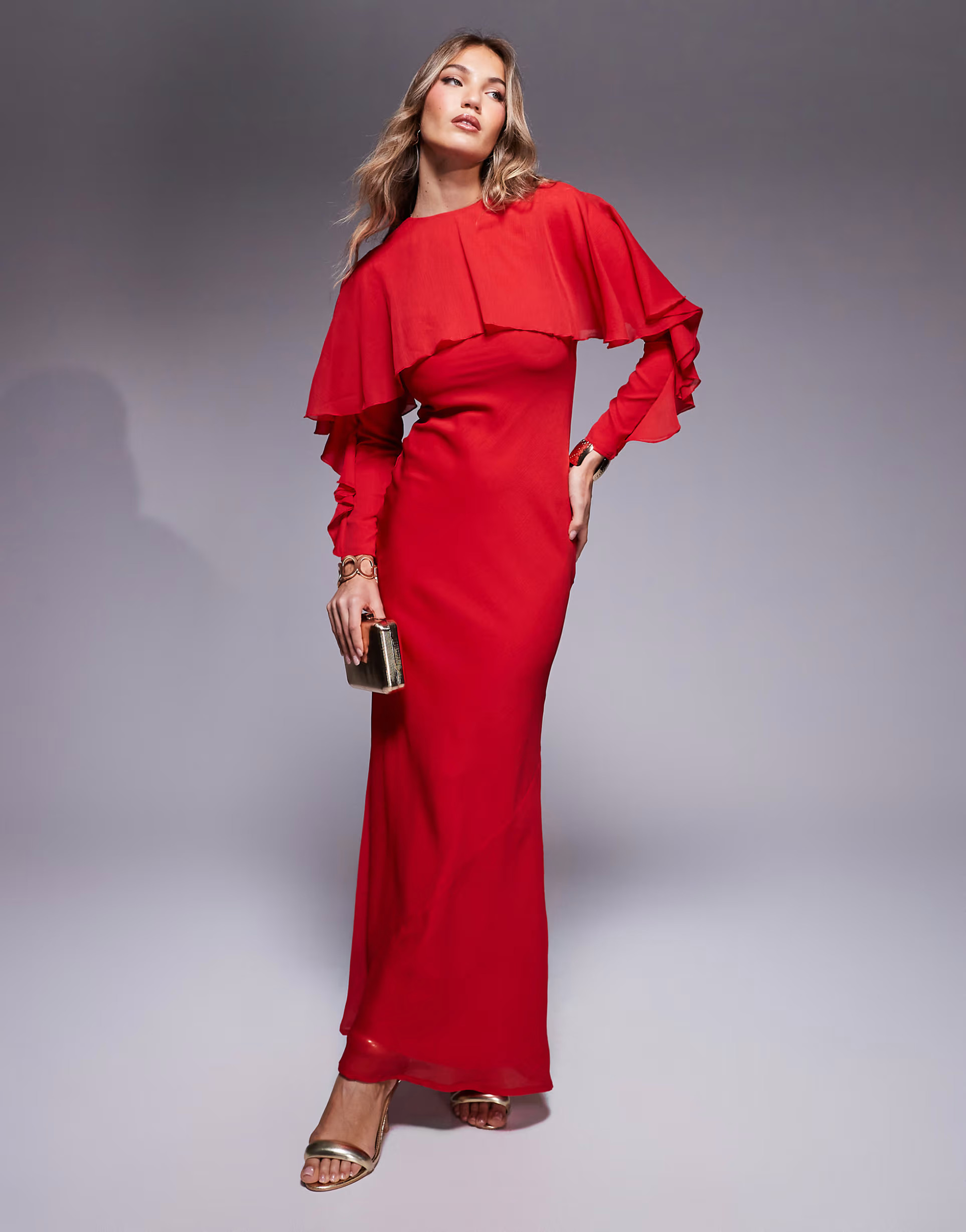 ASOS DESIGN long sleeve ruffle bias maxi dress with cape detail in red | ASOS (Global)