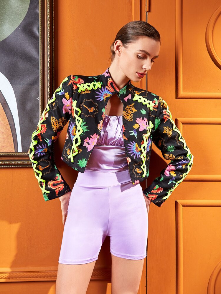 SHEIN X ISELACOS Animal Print Lace Up Open Front Crop Jacket | SHEIN