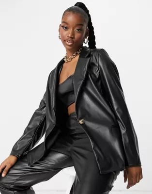 ASOS DESIGN jersey leather look dad suit blazer in black | ASOS (Global)