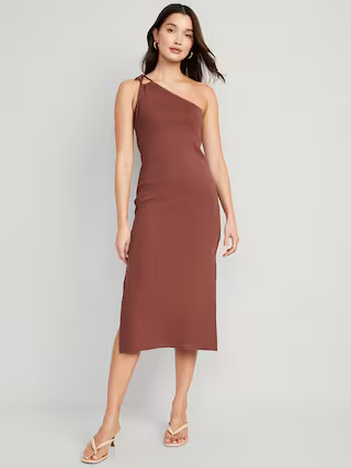 Fitted One-Shoulder Double-Strap Rib-Knit Midi Dress for Women | Old Navy (US)