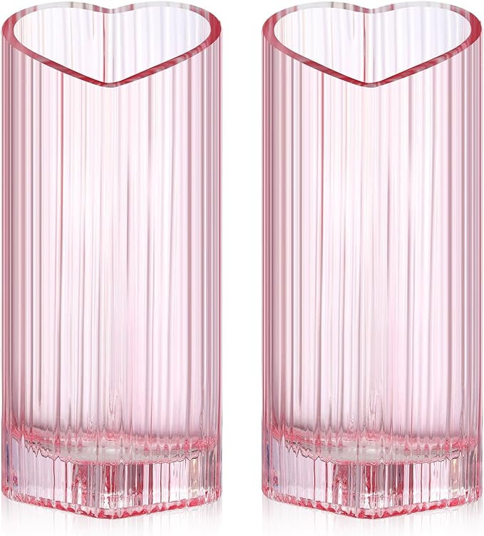 Layhit 2 Pcs Valentine's Day Heart Shaped Pink Flower Vase, 10.6'' Tall Pink Glass Vase, Heart Va... | Amazon (US)