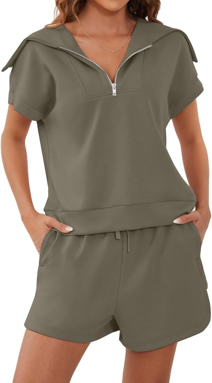 Meladyan Women Two Piece Outfits Tracksuit Half Zip Lapel Cap Sleeve Sweatshirt High Waist Drawst... | Amazon (US)