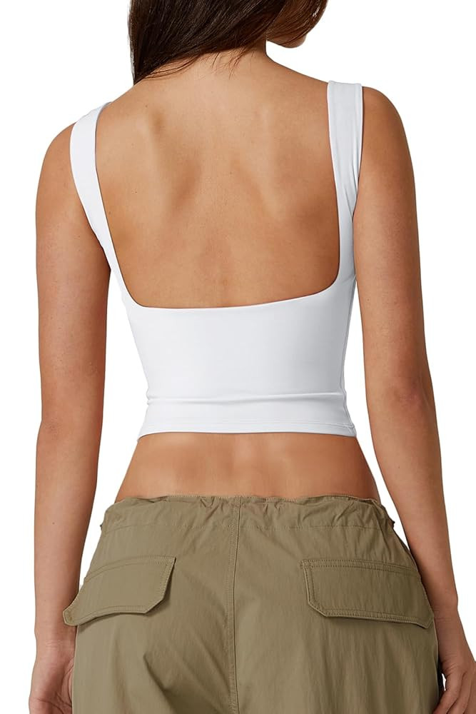 QINSEN Camiseta corta sexy sin mangas con espalda abierta para mujer, cuello alto, ajustada, cami... | Amazon (US)