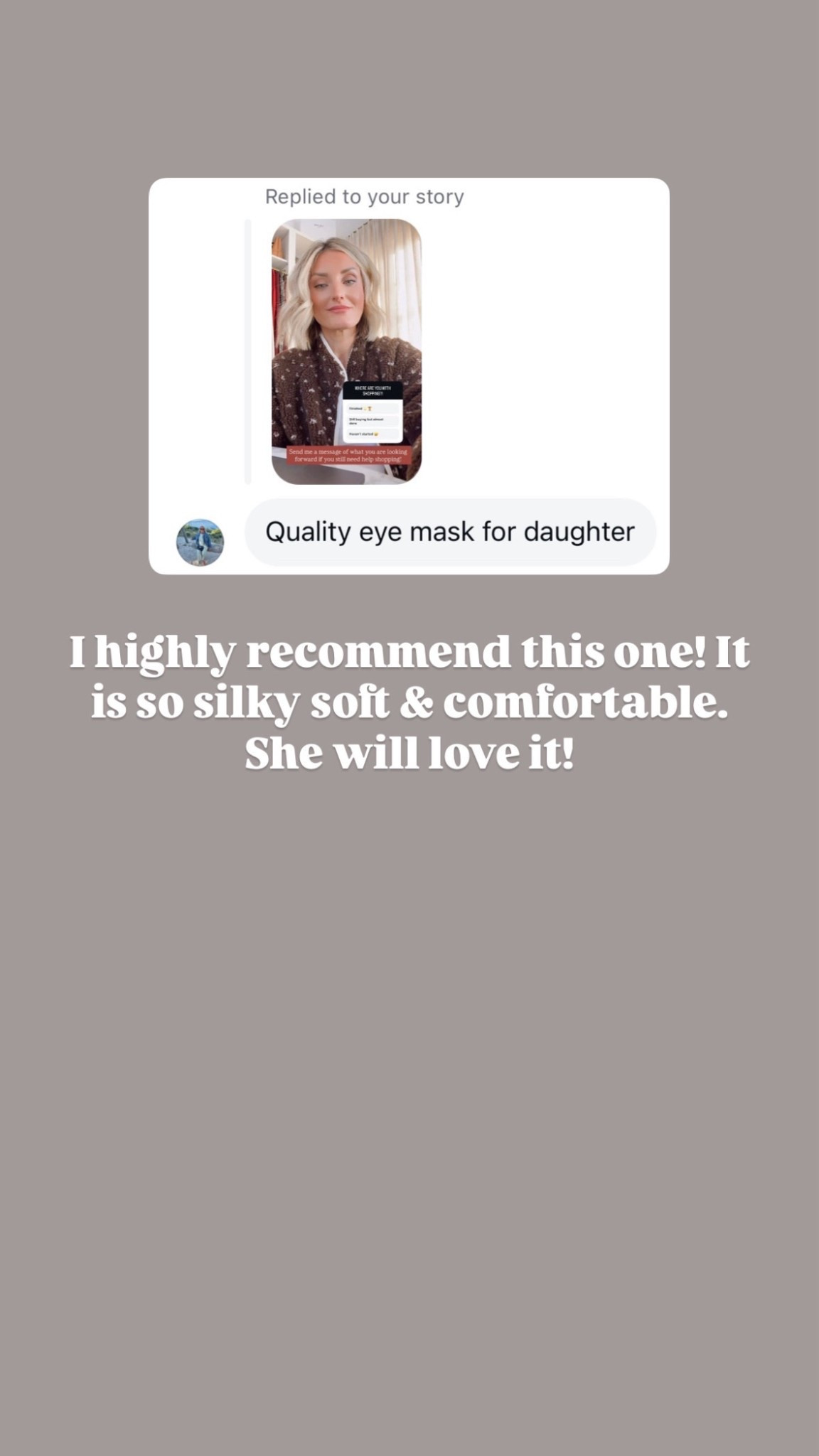 This is a very high quality eye mask! Super soft and is a very luxe beauty gift! 

Loverly Grey, gift ideas for her, daughter gift ideas, sleep mask, eye mask, beauty, self care gifts 

#LTKHoliday #LTKGiftGuide