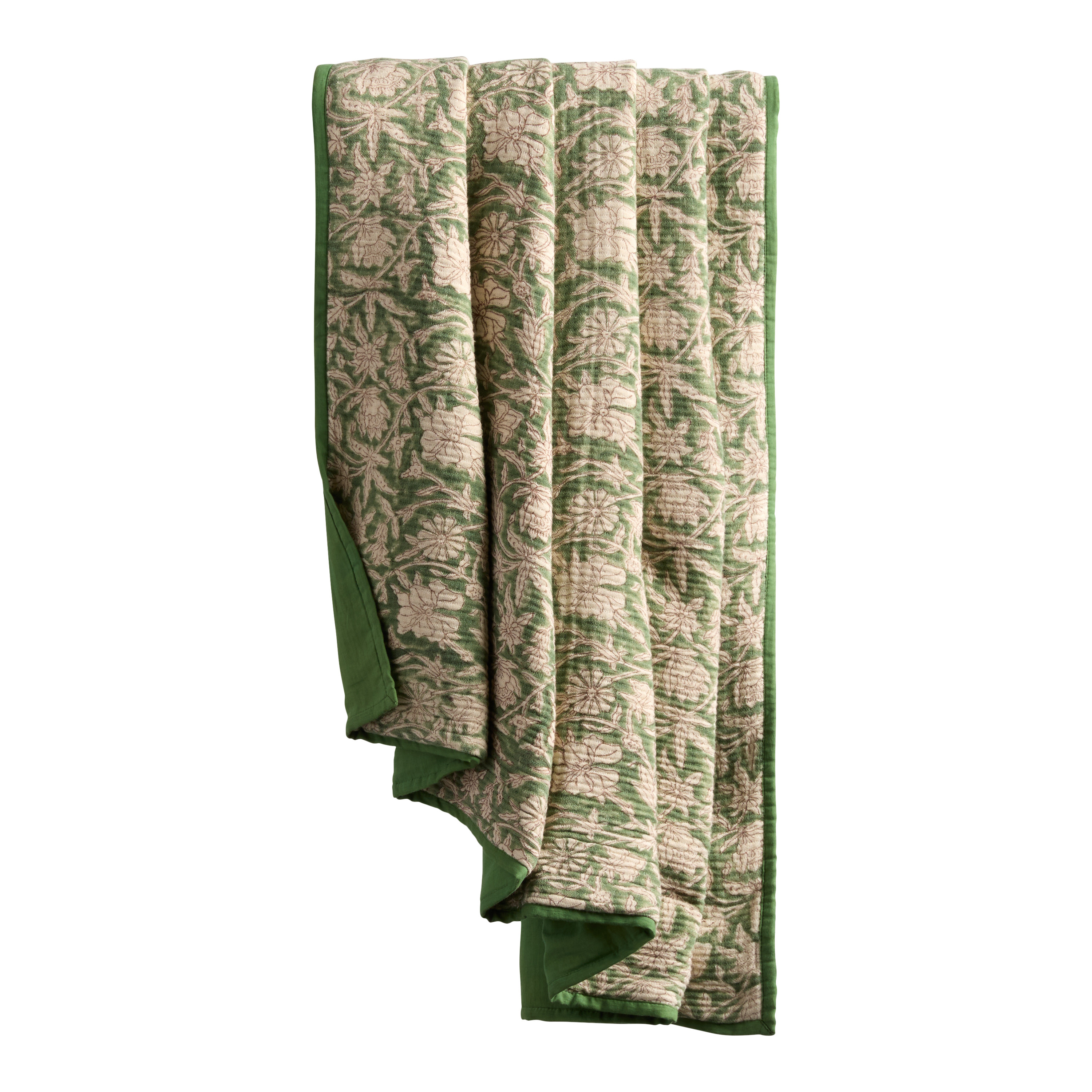 Green Gauze Floral Block Print Reversible Throw Blanket | World Market