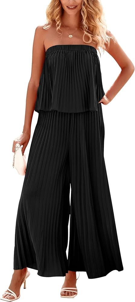 BTFBM Women Off Shoulder Summer Rompers 2024 Strapless Pleated Wide Leg Palazzo Pants Jumpsuit Ca... | Amazon (US)