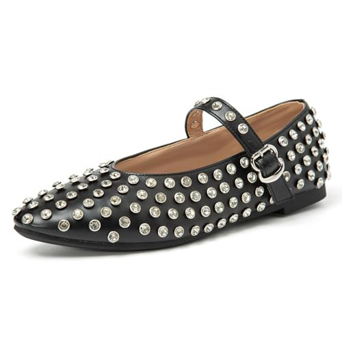 Seeyozz Women's Ballet Flats Shoes for Women Rhinestone Ballet Flats Sparkly Mary Jane Flats Round Toe Comfortable Leather Studded Ballet Flats with Buckle Strap Black | Amazon (US)